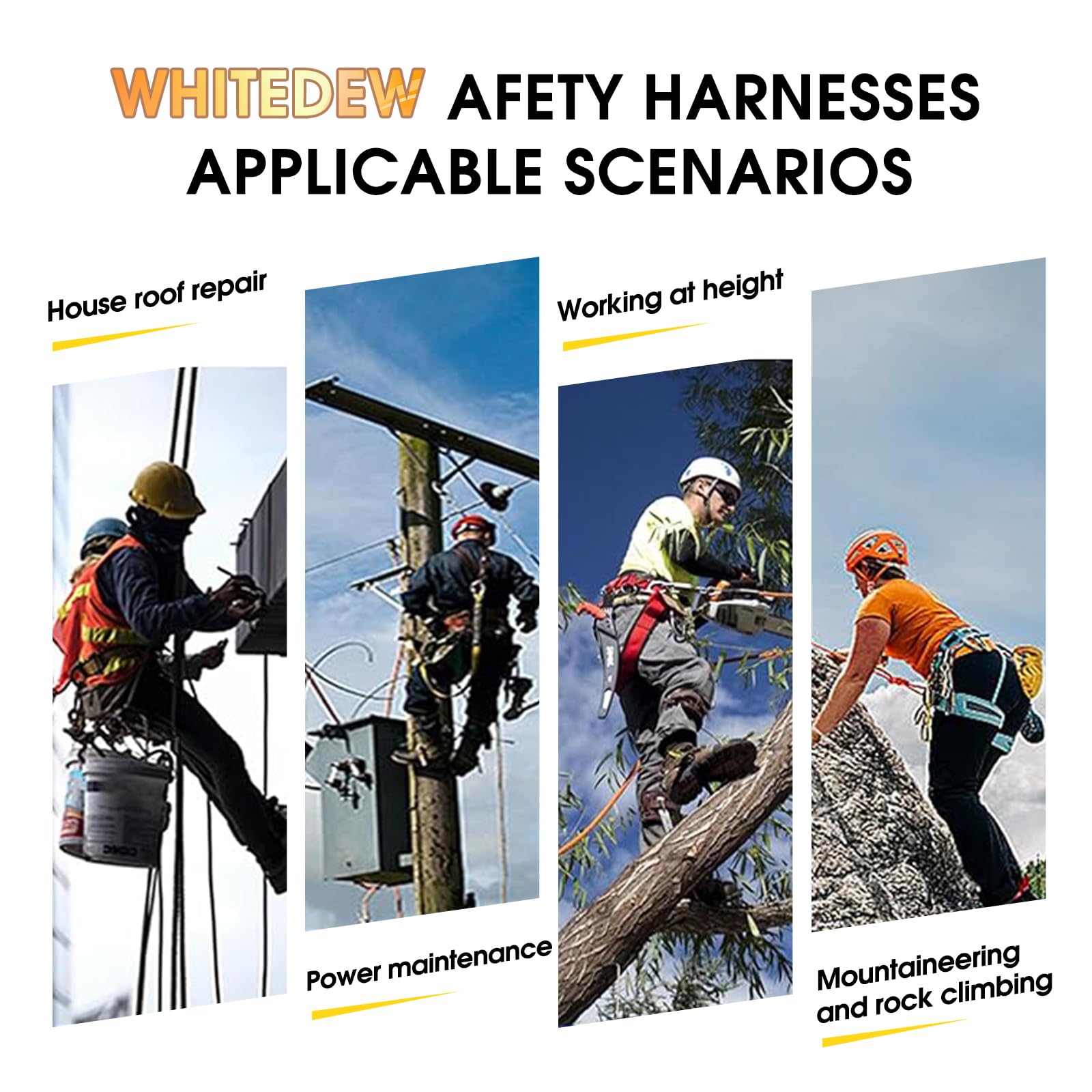 Fall Protection Premium Safety Harness with Shock Absorbing Lanyard, Vented & Padded Shoulder, Legs & Back - Upgrade 4 Quick Buckles (Yellow)