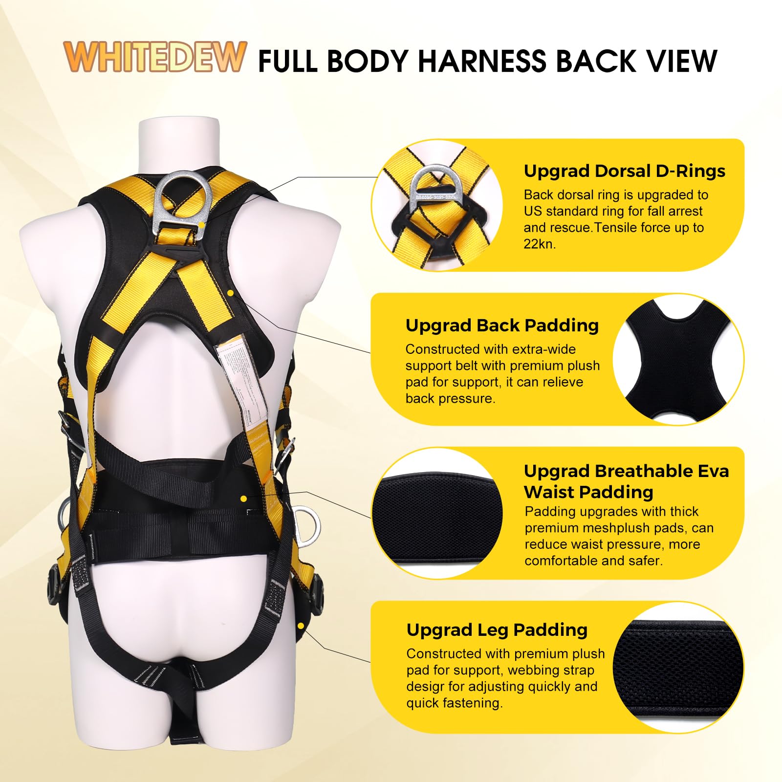 Fall Protection Premium Safety Harness with Shock Absorbing Lanyard, Vented & Padded Shoulder, Legs & Back - Upgrade 4 Quick Buckles (Yellow)