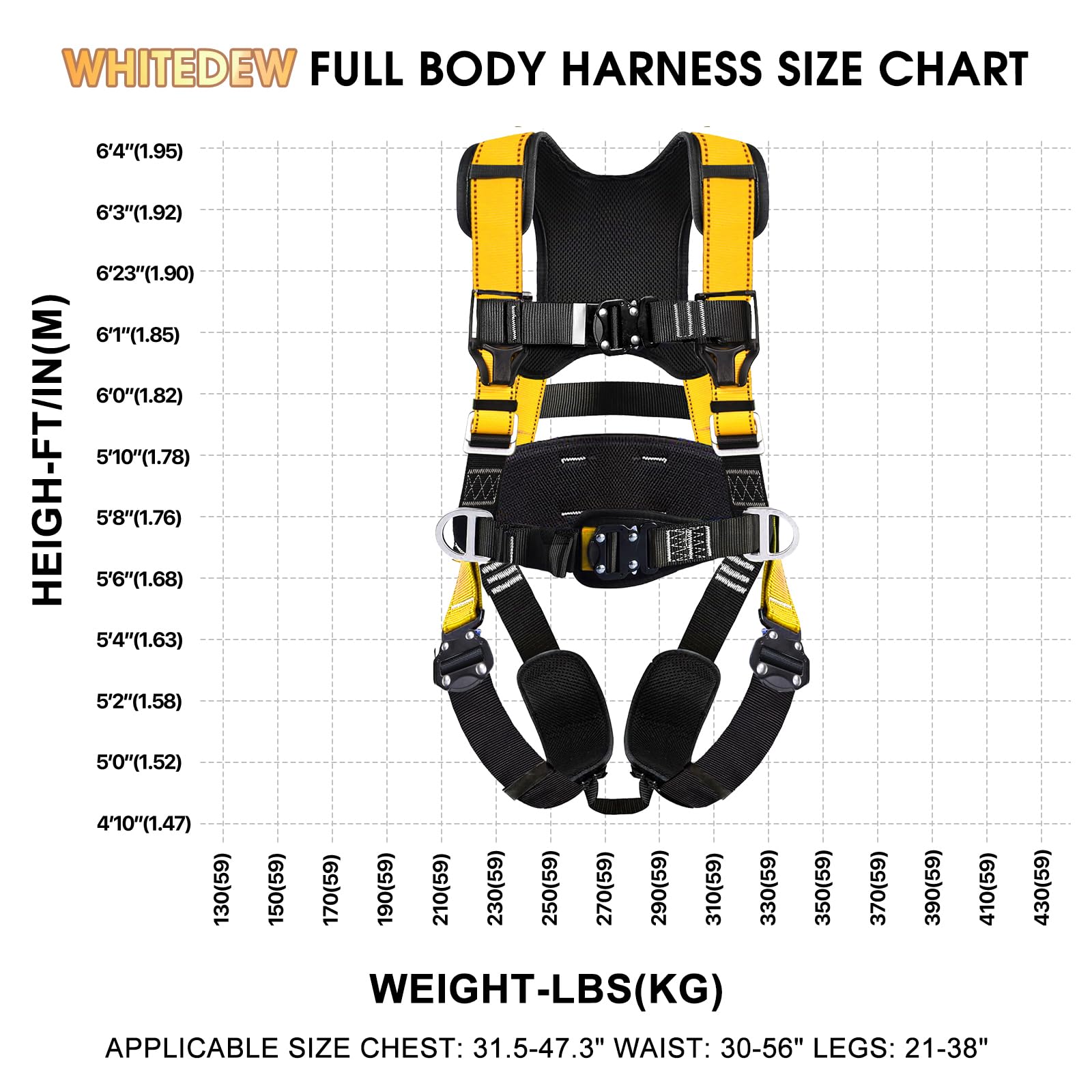 Fall Protection Premium Safety Harness with Shock Absorbing Lanyard, Vented & Padded Shoulder, Legs & Back - Upgrade 4 Quick Buckles (Yellow)
