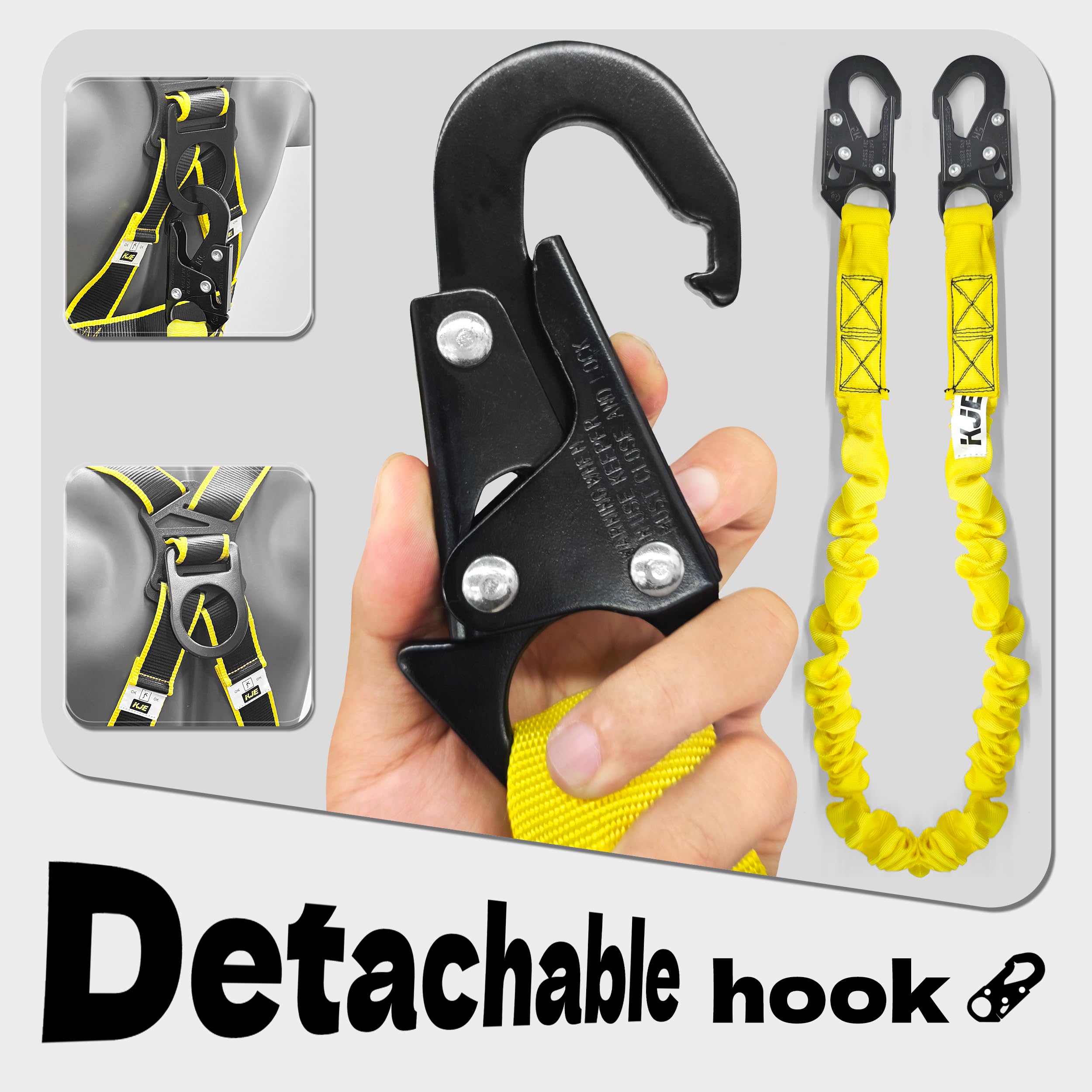 Safety Harness Fall Protection Kit - Construction Roof Full Body Harness w/Detachable 6FT Shock Absorbing Lanyard & Hook, ANSI/OSHA