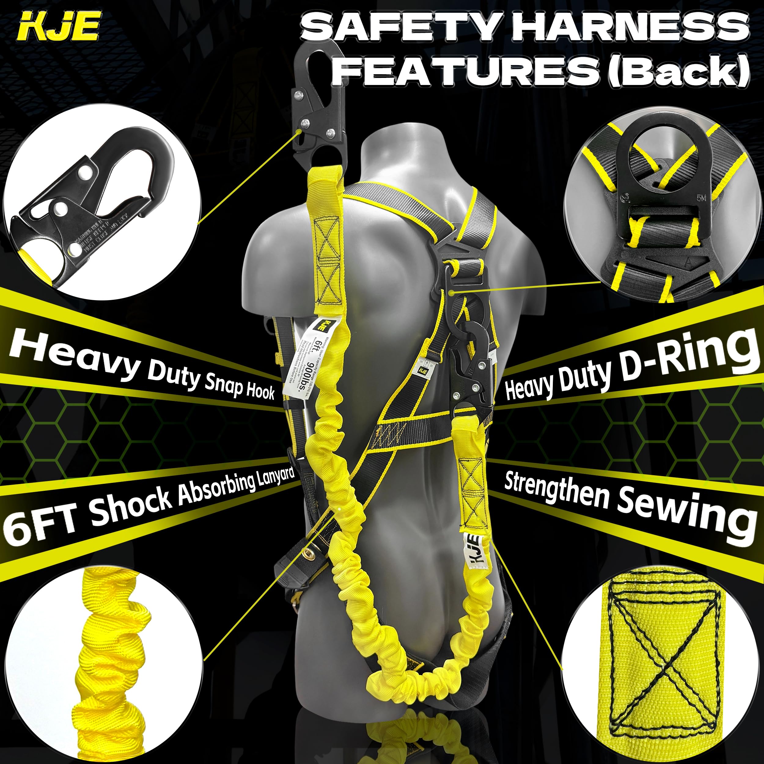 Safety Harness Fall Protection Kit - Construction Roof Full Body Harness w/Detachable 6FT Shock Absorbing Lanyard & Hook, ANSI/OSHA