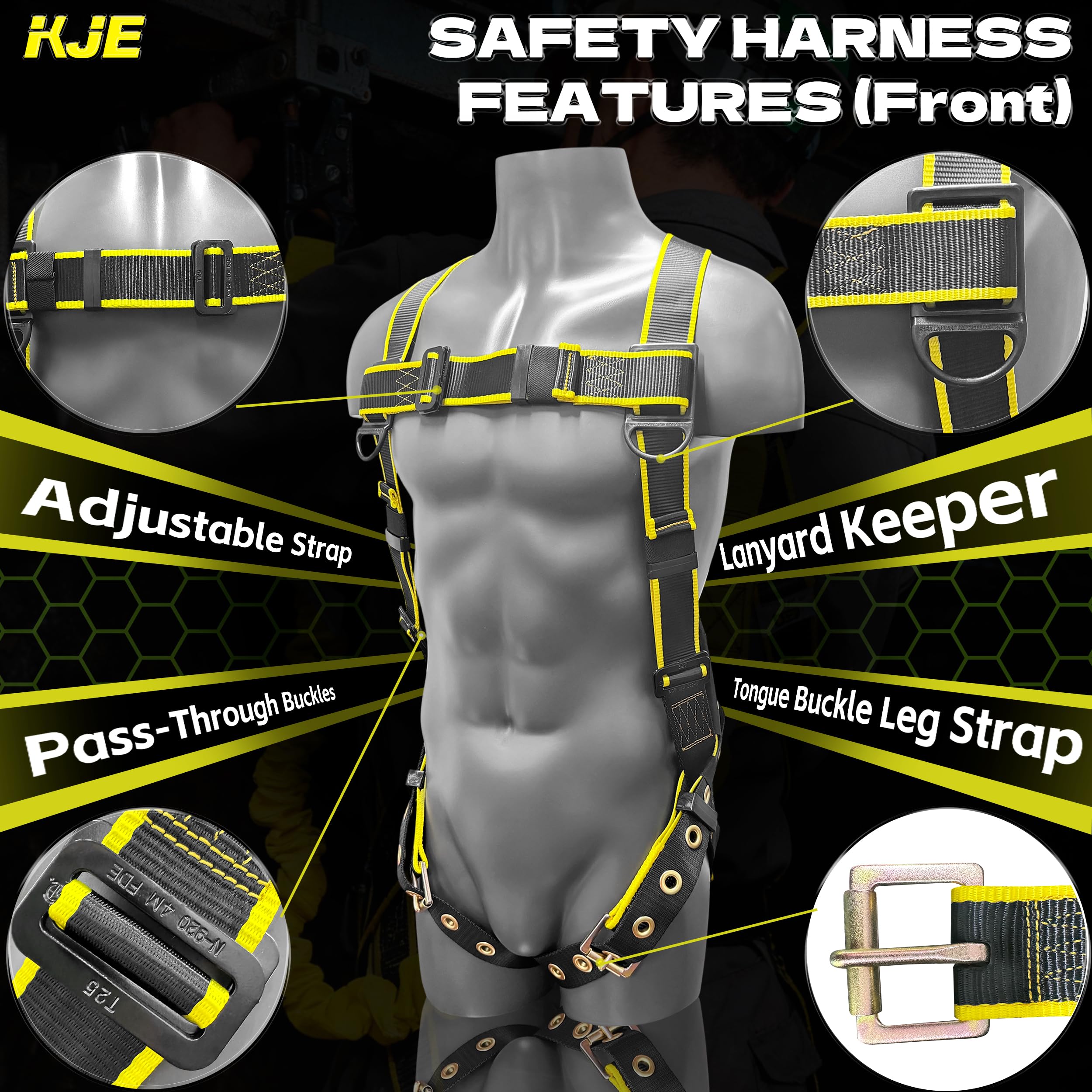 Safety Harness Fall Protection Kit - Construction Roof Full Body Harness w/Detachable 6FT Shock Absorbing Lanyard & Hook, ANSI/OSHA