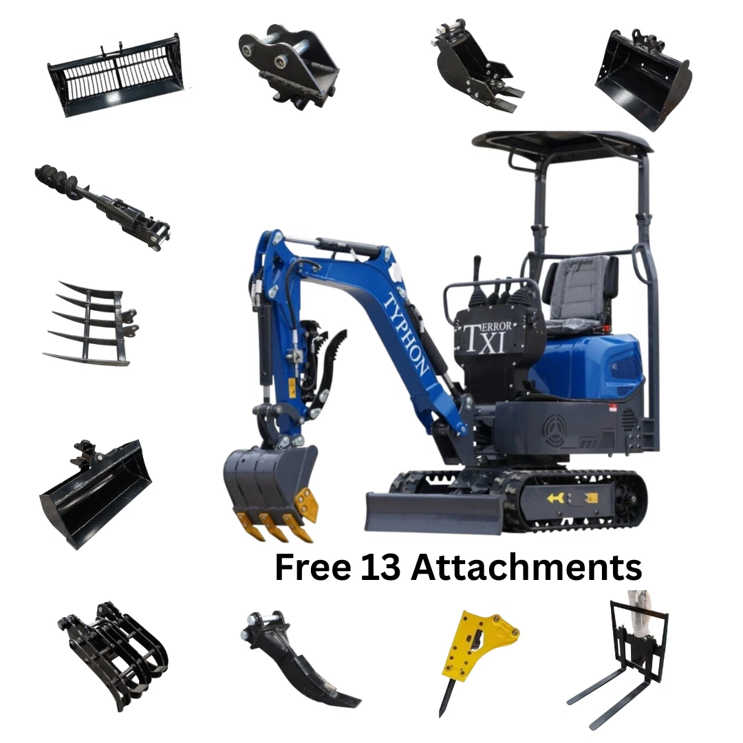 2ae9ca_89e64f2e2a7f4f12b17d42874a2a445fmv2.webp 13 Attachments Bundle TERROR XI Mini Excavator Digger 13.5hp Gas B&S EPA Engine - Image 1