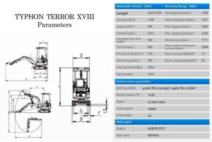 TYPHON TERROR XVIII mini excavator side view with canopy and digging bucket